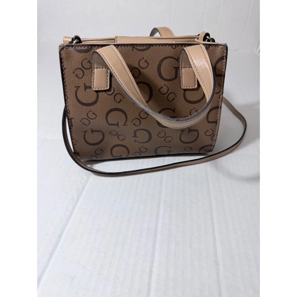 Guess Los Angeles Mini Crossbody Tote Bag Brown Tan Logo Print Satchel Handbag